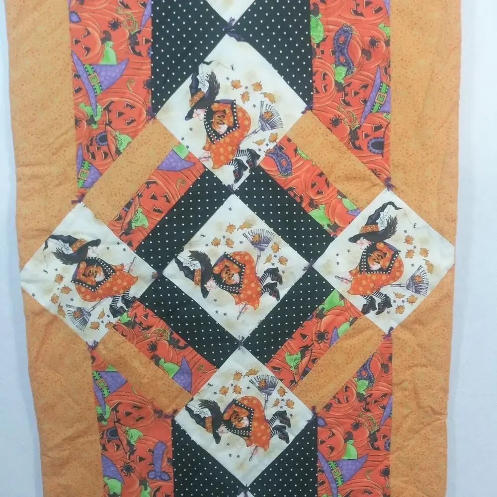 Handmade Halloween Quilted Table Runner Orange Black Witch